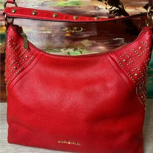 Michael Kors Red Aria Hobo Crossbody Bag with Gold Accents